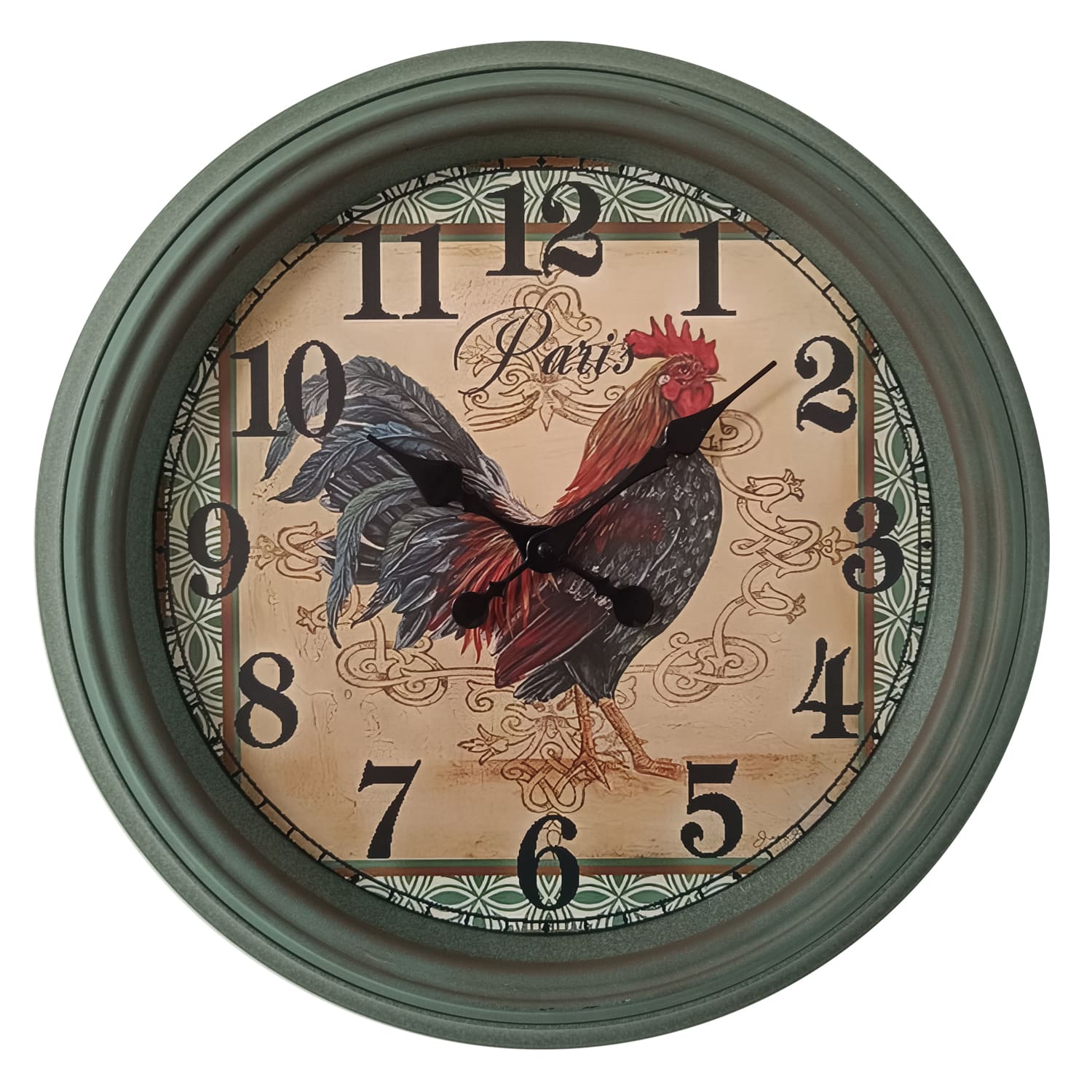 Wanduhr mit grünem Rahmen und Hahn-Motiv