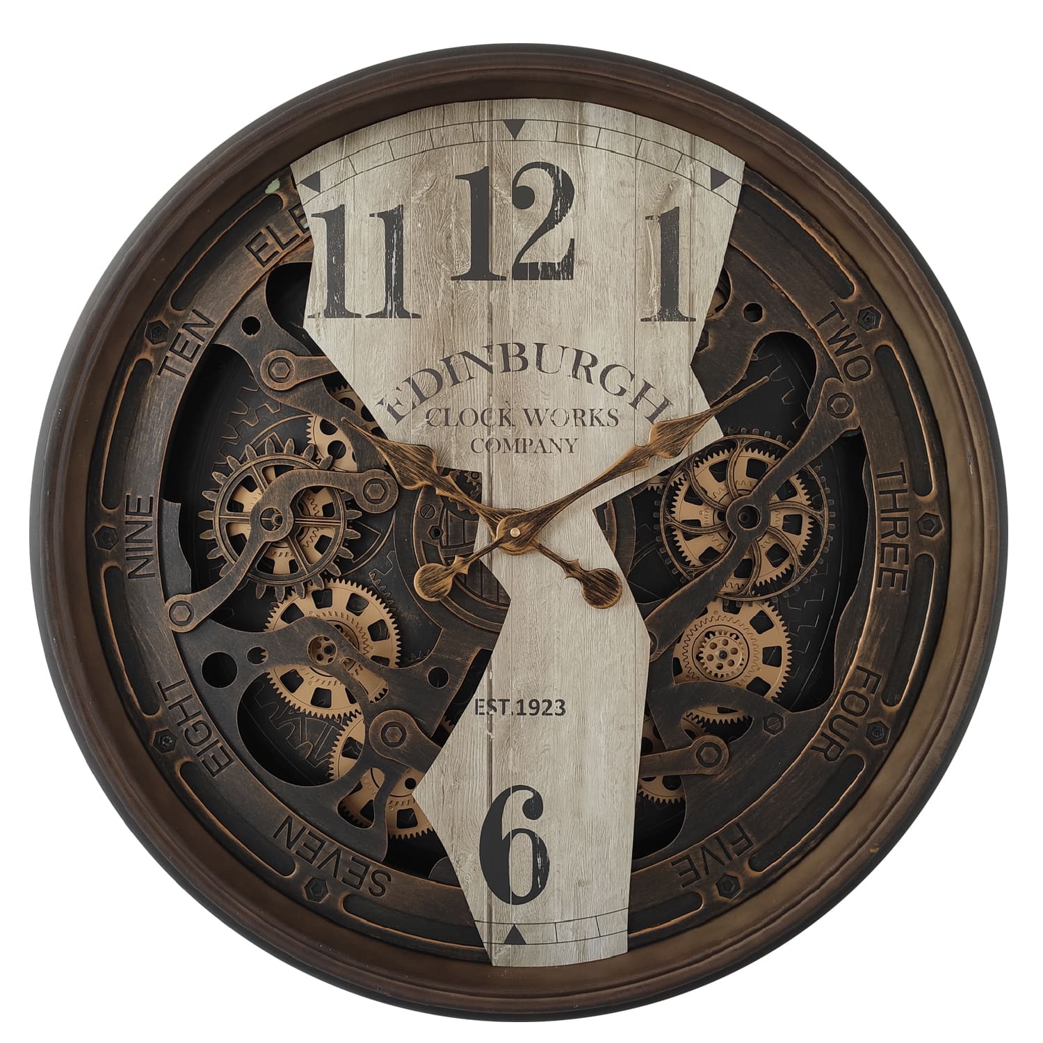 Eleganz trifft Funktion – Wanduhr 76cm mit braunem Kunststoffrahmen und bewegten Zahnrädern Eleganz trifft Funktion – Wanduhr 76cm mit braunem Kunststoffrahmen und bewegten Zahnrädern