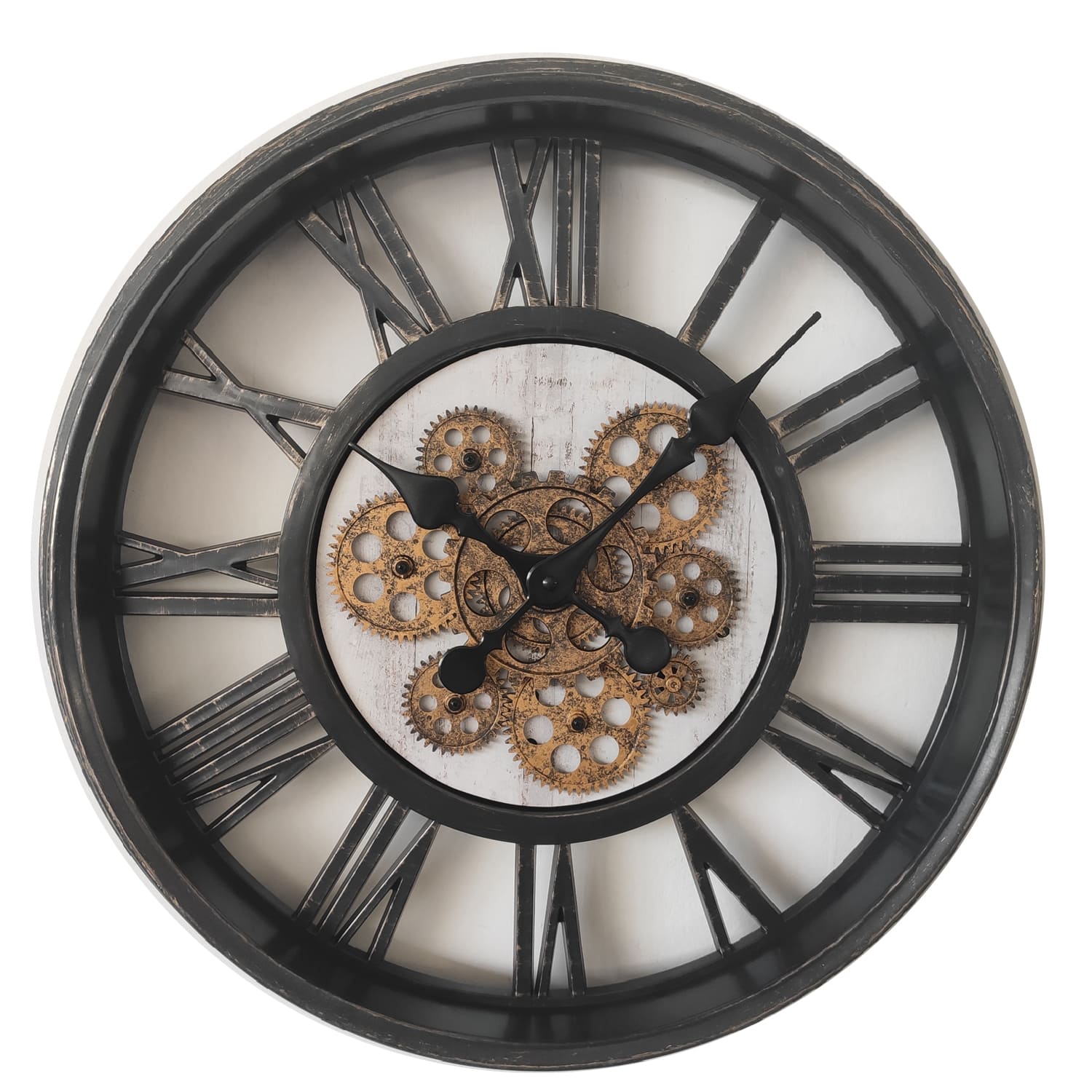 Wanduhr mit beweglichen Zahnrädern – Industrieller Charme in Schwarz und Gold