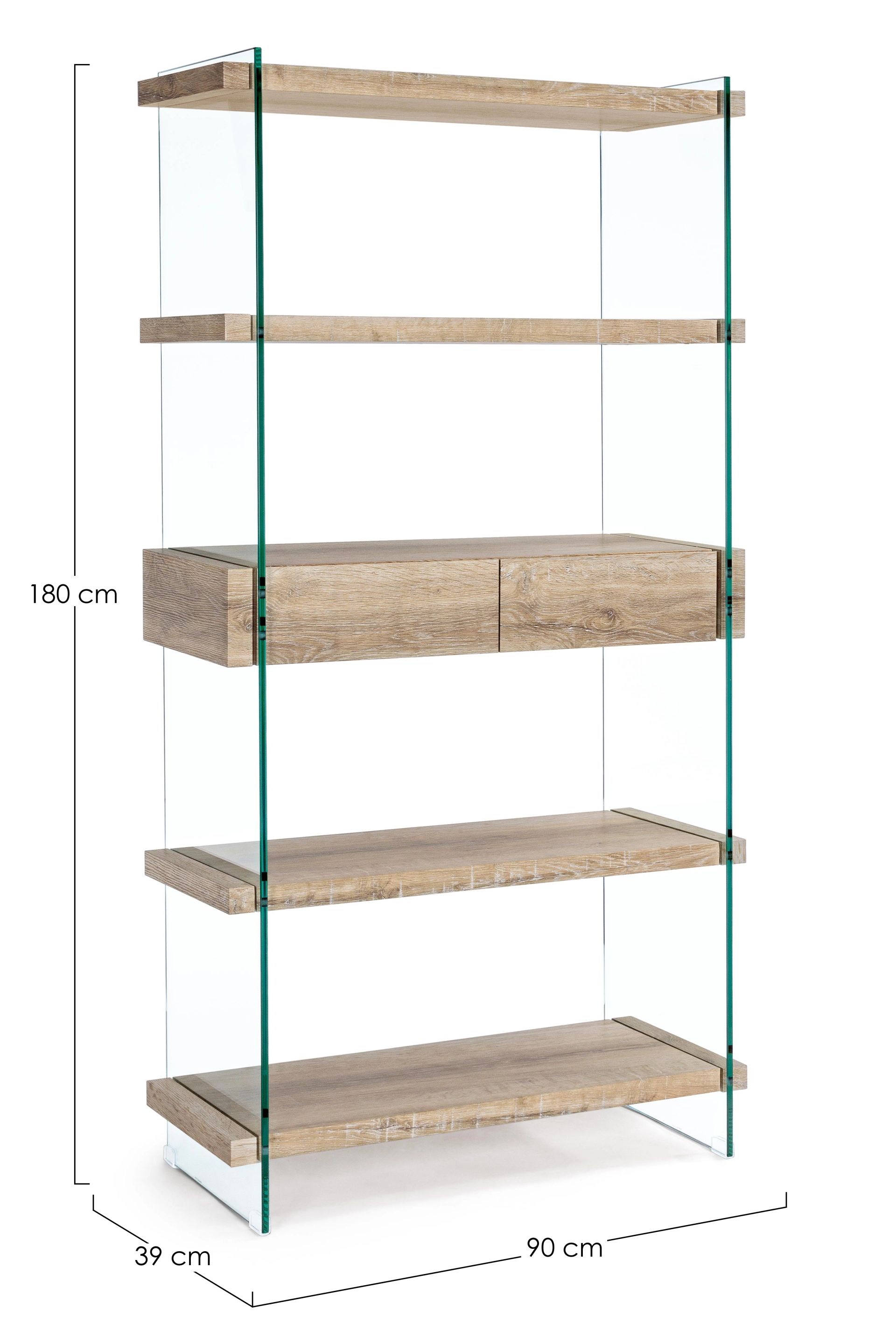 BÜCHERREGAL MIT GLASAKZENTEN 4 Fächer und 2 Schubladen LINE KENYA Höhe 180cm