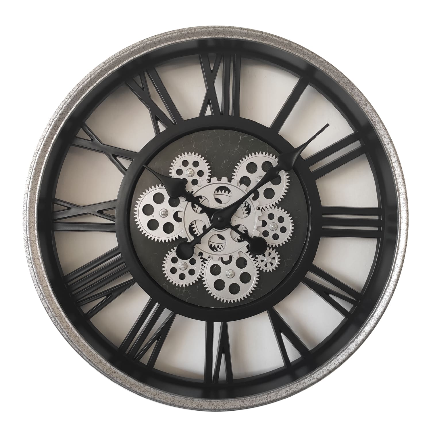 Wanduhr mit beweglichen Zahnrädern – Industrieller Charme in Schwarz und Silber